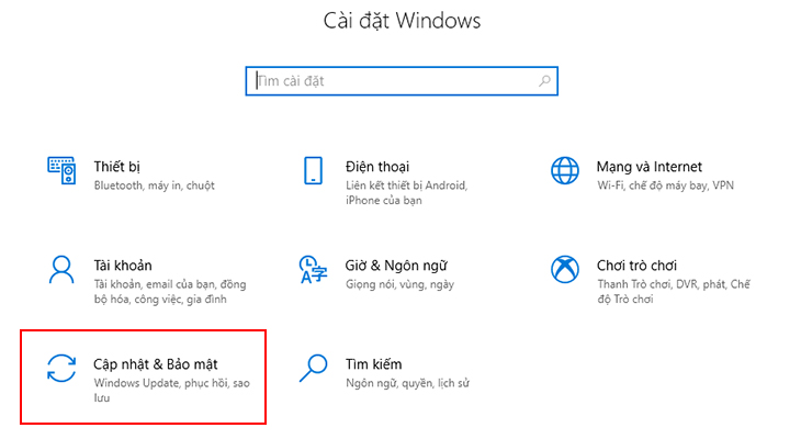 vào Menu start >> Cài đặt >> Cập nhật và bảo mật.